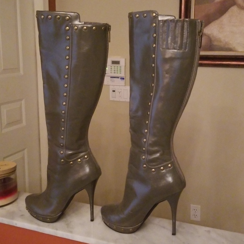 Gray knee high stiletto boots